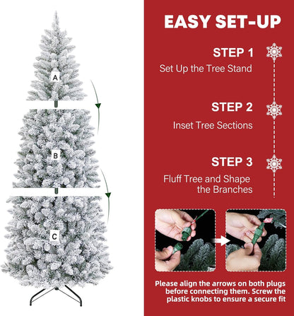 Hykolity 6 ft Prelit Snow Flocked Pencil Slim Christmas Tree, 544 PVC Branch Tips, 200 Color Changing LED Lights, Metal Stand and Hinged Branches, 10 Color Modes