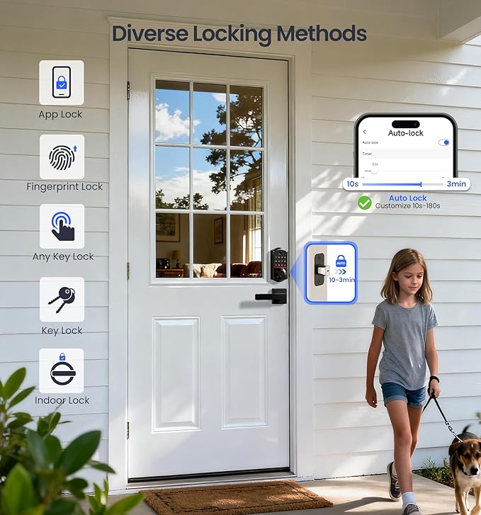 Veise VE017-B Fingerprint Smart Lock for Front Door, App Control, 8-in-1 Keyless Entry Deadbolt with 2 Zinc Alloy Lever Handles Set, Emergency Power Port, Auto Lock, Electronic Keypad, Black