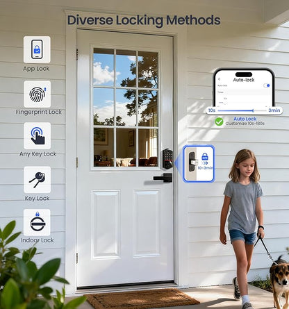 Veise VE017-B Fingerprint Smart Lock for Front Door, App Control, 8-in-1 Keyless Entry Deadbolt with 2 Zinc Alloy Lever Handles Set, Emergency Power Port, Auto Lock, Electronic Keypad, Black