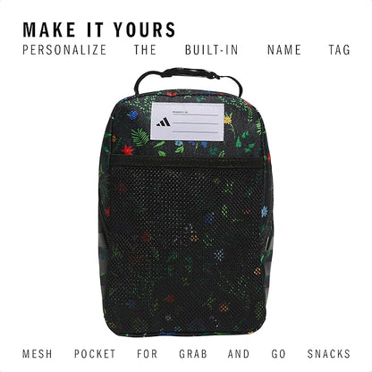 adidas Santiago Lunch Bag Cooler for Women and Men, Insulated Food Container Box with Mesh Pocket, Meadow Floral Black/Black/White/3.0, One Size