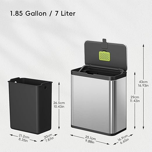 EKO Kitchen Compost Bin, 7L / 1.85 Gal Stainless Steel with Removable Inner Bucket and Deodorizer Compartment, 2-in-1 Countertop Compost Bin with Lid, Food Waste Caddy for Kitchen (MMT & Black Finish)