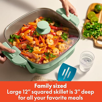 bella Make & Take Electric Skillet, Fits-anywhere™ kitchenware, EverGood™ Ceramic Coating, Adjustable Temperature & Dishwasher-Safe Tempered Glass Lid, Cast Aluminum Base, 1200 Watt, Seaglass
