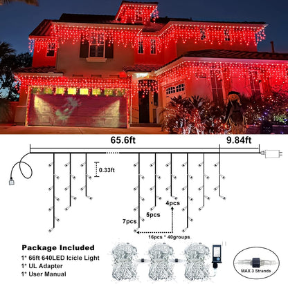 Christmas Icicle Lights Outdoor, 66FT 640 LED Icicle Lights for Outside with 8 Modes Timers, Waterproof Plug in String Light for House Yard Eave Patio Wedding Party Holiday Decorations, Red