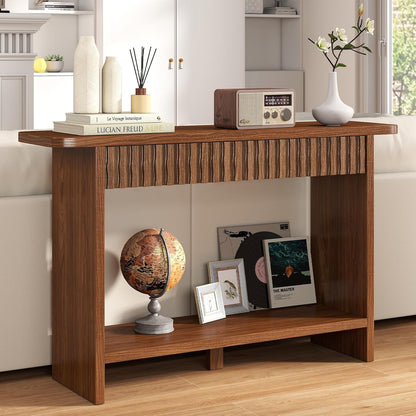 BECHAEO Mid Century Modern Console Table with Drawers, 51" Large 2-Tier Narrow Console Table with Storage Shelf, Sofa Station Behind The Couch, Accent Tables for Entryway, Hallway, Rustic Brown