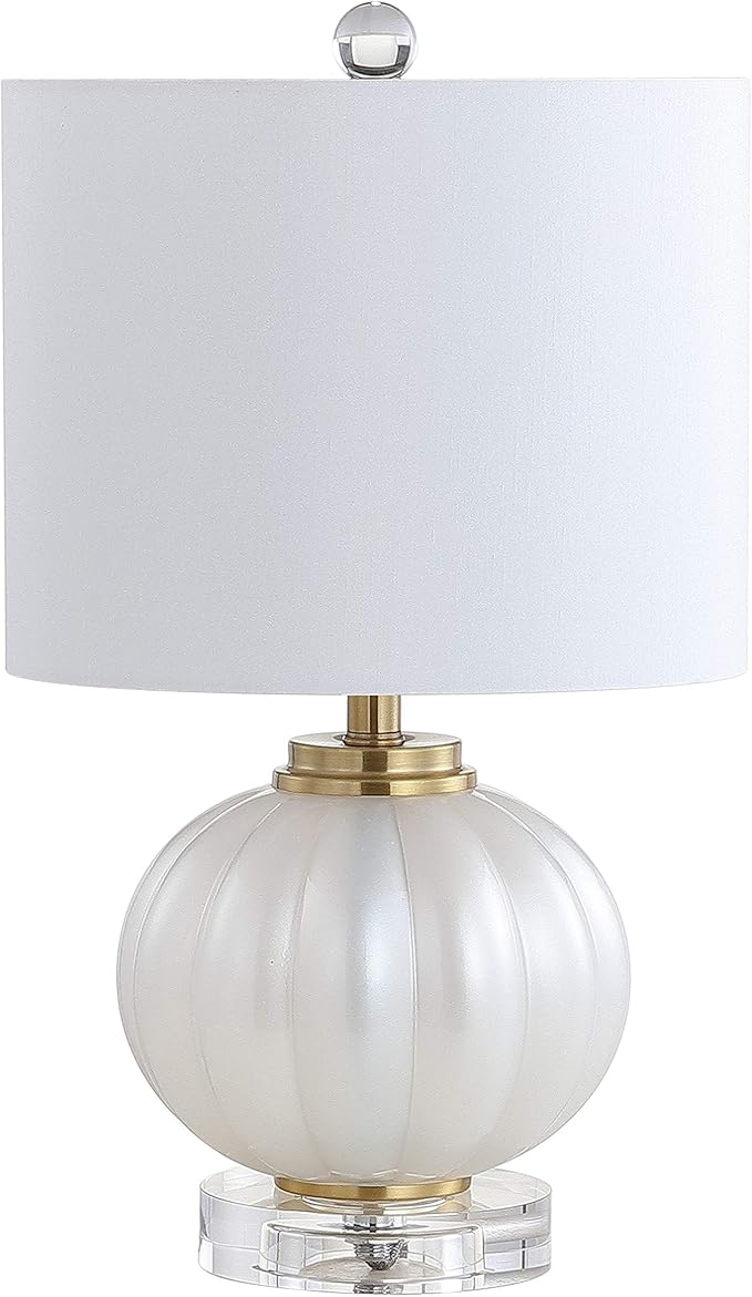 JONATHAN Y 17.5" White/Brass Gold Glass Table Lamp, Modern Crystal Bedside Lamp for Bedroom Living Room Nightstand, Glam Ribbed Accent Lamp, White Faux Silk Shade, LED Bulb (JYL2076B)
