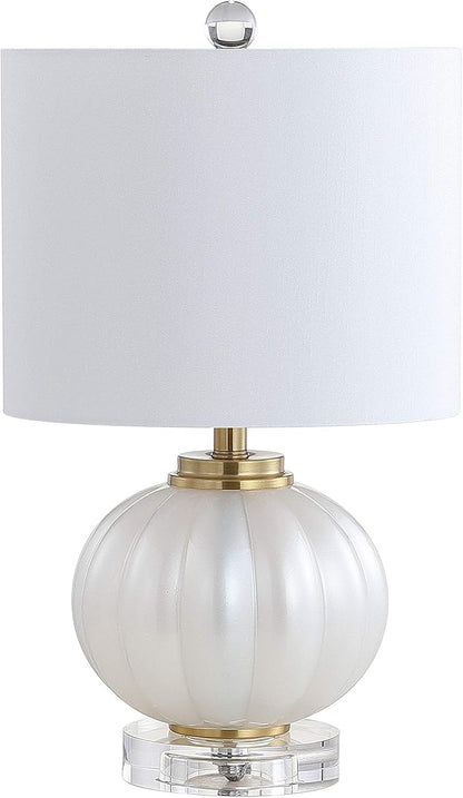JONATHAN Y 17.5" White/Brass Gold Glass Table Lamp, Modern Crystal Bedside Lamp for Bedroom Living Room Nightstand, Glam Ribbed Accent Lamp, White Faux Silk Shade, LED Bulb (JYL2076B)