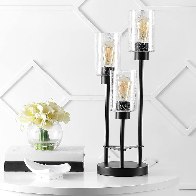 JONATHAN Y 20.5" Black 3-Light Modern Industrial Iron Table Lamp, Farmhouse Bedside Lamp with Seeded Glass Shades for Bedroom, Living Room, UL Listed, LED Bulbs Included JYL3084A