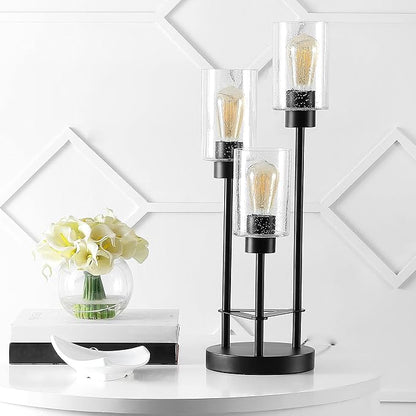 JONATHAN Y 20.5" Black 3-Light Modern Industrial Iron Table Lamp, Farmhouse Bedside Lamp with Seeded Glass Shades for Bedroom, Living Room, UL Listed, LED Bulbs Included JYL3084A