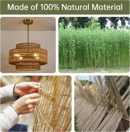 4-Light Boho Rattan Chandelier Light Fixture, 17.7” Hand Woven Rustic Chandeliers Farmhouse Chandelier Hanging Light for Dining Room Kitchen Island, Living Room, Foyer