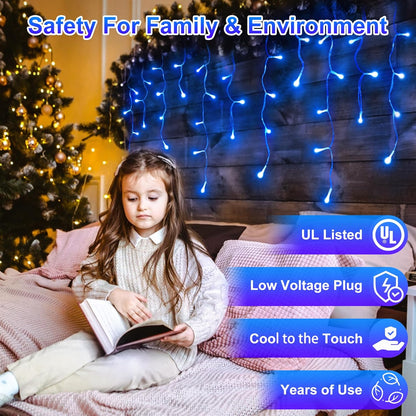 648 LED Christmas Lights with 144 Drops, 66ft 8 Modes Christmas String Lights Outdoor, Waterproof Christmas Decorations Fairy Lights with Timer Memory for Xmas Party Patio Window Fence Blue