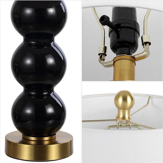 JONATHAN Y 21" Black/Brass Gold Glass Table Lamp for Bedroom and Living Room, White Linen Shade, Modern Stacked Sphere Bedside Lamp, LED Bulb Included (JYL1021E)