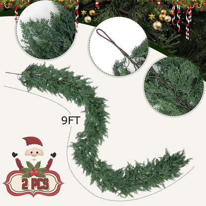 Hananona 9 FT Artificial Cedar Garlands, 2 Pcs Real Touch Winter Cedar Pine Garland, Green Artificial Greenery Garland for Table, Mantle, Wall, Indoor, Outdoor Christmas Decorations (2, 9 FT)