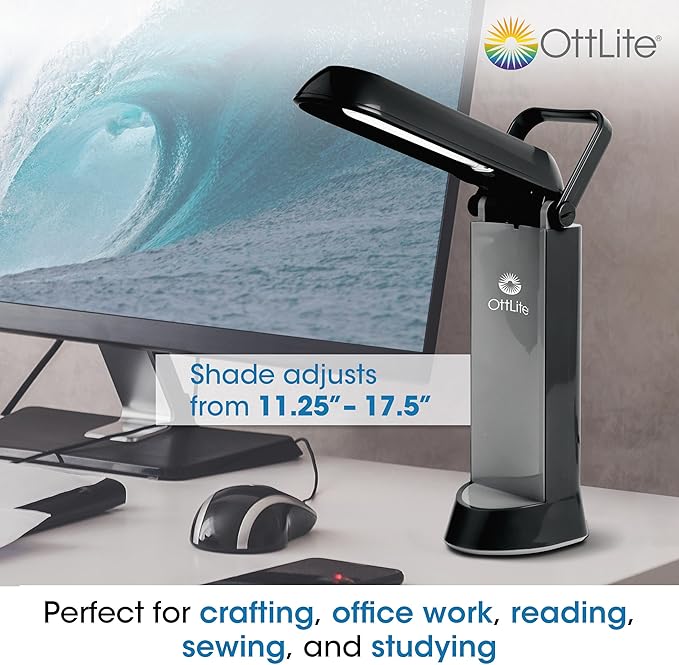 OttLite Folding Task Lamp, Black – Multi-Position Shade, Fold-Up Design, Portable Handle, Low Heat, Low Glare Illumination, Fits Desks & Workstations