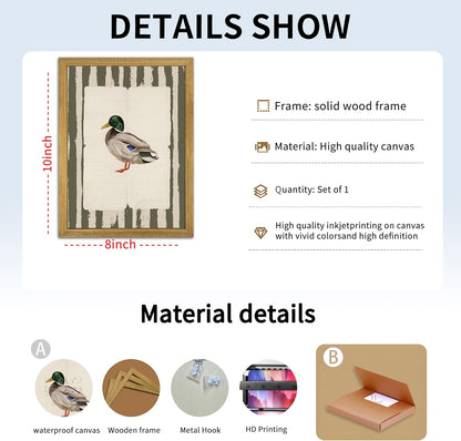 Vintage Framed Duck Wall Art Print, Rustic Mallard Bird Illustration Canvas Poster, Cottagecore Animal Artwork, Farmhouse Nature Wall Decor for Living Room Kitchen Bathroom Bedroom 8x10 inch