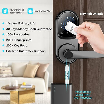 Sifely Keyless Entry Smart Lock - Fingerprint & Keypad Access, Front Door Handle, Black