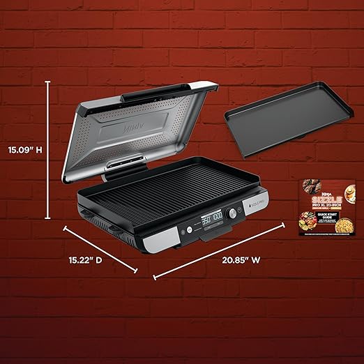 Ninja Sizzle Pro XL 20-Inch Indoor Griddle + Grill, Detachable Ventilated Lid, Grease Control, Ceramic Nonstick Plates, Even Edge Cooking, Extra Large Capacity, Versatile, Silver, GX101