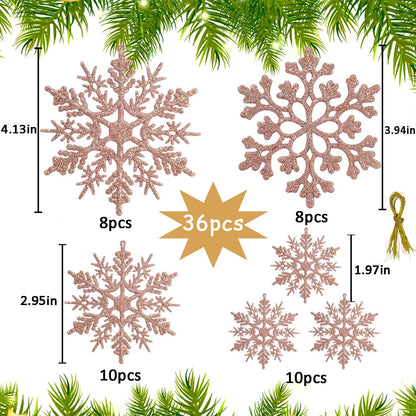 36pcs Christmas Rose Gold Snowflake Ornaments Plastic Glitter Snow Flakes Ornaments for Winter Christmas Tree Decorations Size Varies Craft Snowflakes