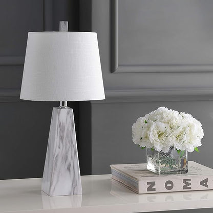 JONATHAN Y 20.5" White Marble Finish Modern Resin Table Lamp for Bedroom Living Room, Contemporary Faceted Bedside Lamp with White Linen Shade, LED Bulb Included JYL1037A