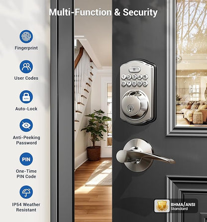 Veise Fingerprint Door Lock with 2 Lever Handles - Keyless Entry Door Lock, Electronic Keypad Deadbolt, Digital Smart Code & Front Handle Sets, Auto-Locking, Easy Installation, Satin Nickel