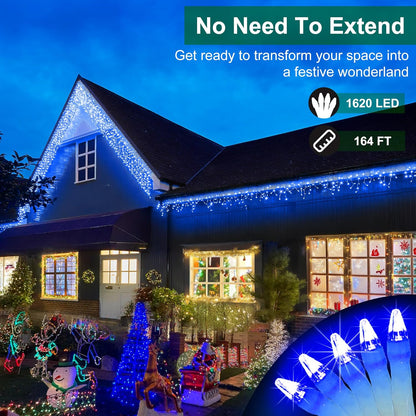 1620 LED Christmas Lights with 360 Drops,164ft 8 Modes Fairy Hanging String Lights with Time Waterproof, Plug-in Hanging String Lights for Holiday Wedding Party Christmas Decor (Blue)