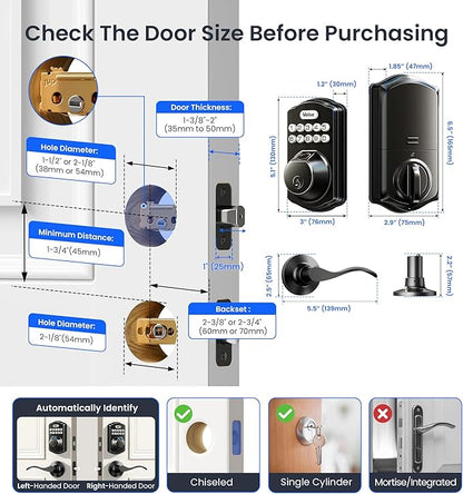 Veise VE012W-B Wi-Fi Fingerprint Smart Lock with Handle Set, Remote App Control, Keyless Entry Front Door Lever, Built-in WiFi No Hub Needed, Backlit Keypad Deadbolt, Auto-Locking, Matte Black