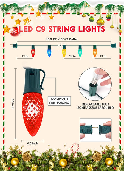 Brightown Outdoor Christmas Lights, 100 Ft LED Commercial String Lights With Multicolor Strawberry C9 Bulbs, Waterproof Connectable UL Certified for Indoor Yard Xmas Tree House Decor