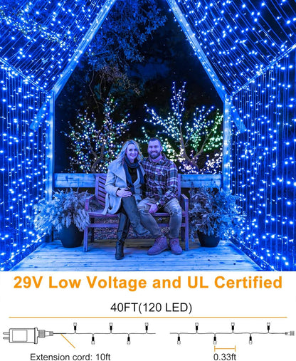 40FT 120 LED Christmas Lights Outdoor, Green Wire Christmas Tree Lights with 8 Modes & Waterproof, Connectable Plug in String Light for Indoor Bedroom Yard Party Wedding Decorations, Blue
