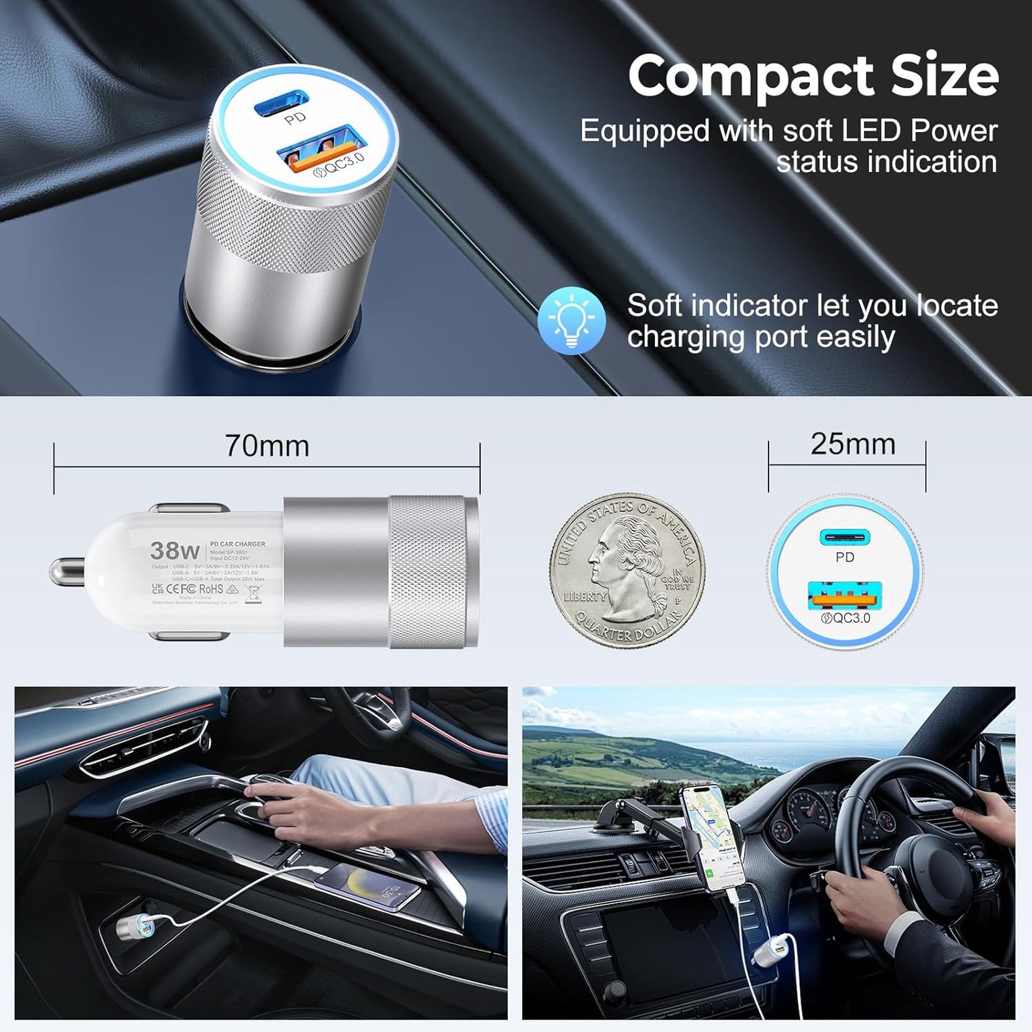 3-Pack Car Charger, Ancekoy 38W Dual Port Fast Charge PD & QC 3.0 Car Adapter Cigarette Lighter USB Plug for iPhone 16/15/14/13 Pro Max, iPad, Galaxy S25/S24/S23 and More (White)