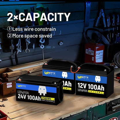 24V 100Ah LiFePO4 Lithium Rechargeable Battery, Max.2560Wh, Built-in 100A BMS, A+ Cells, Low-Temperature Protection, Higher Power Output Efficiency - Ideal for RVs, Other 24V Equipment