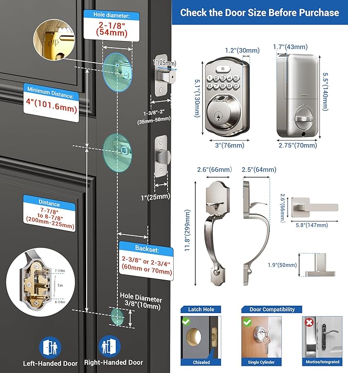 Veise Fingerprint Door Lock Set, Keyless Entry Door Lock, Front Handle Set, Electronic Keypad Deadbolt with Lever Handle, 2 Keys, Auto-Locking, One-time Codes, Easy to Install, Satin Nickel