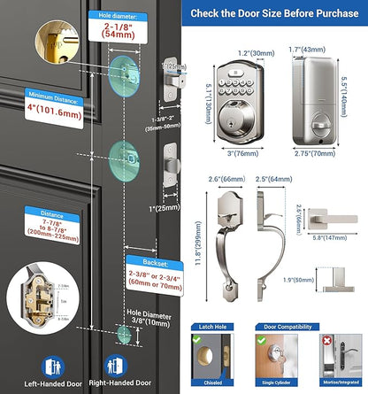 Veise Fingerprint Door Lock Set, Keyless Entry Door Lock, Front Handle Set, Electronic Keypad Deadbolt with Lever Handle, 2 Keys, Auto-Locking, One-time Codes, Easy to Install, Satin Nickel
