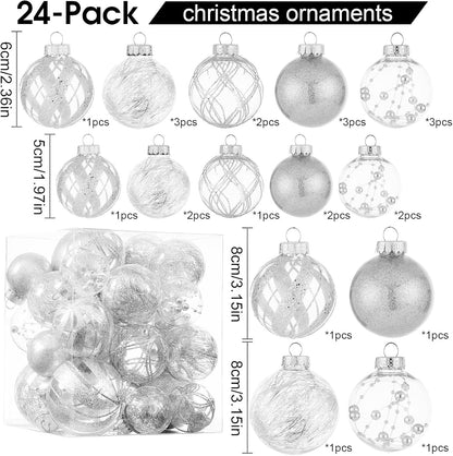 Clear Christmas Ball Ornaments,24ct Shatterproof Plastic Decorative Christmas Ornaments Hanging Xmas Tree Baubles Set with Stuffed Delicate Glittering Decorations for Holiday Party Home Decor (Silver)