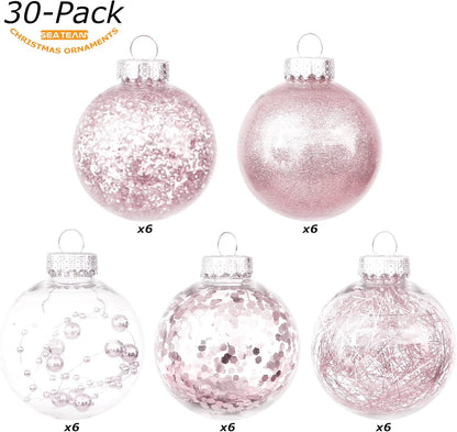 Sea Team Shatterproof Clear Plastic Christmas Ball Ornaments Decorative Xmas Balls Baubles Set with Stuffed Delicate Decorations (60mm/2.36 inch 30-Pack, Pinkish Gold)
