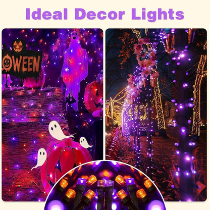4-Pack Solar String Lights,156Ft Extra-Long 400 LED Waterproof Solar Halloween Lights, 8 Modes for Garden, Patio, Wedding (Purple & Orange)