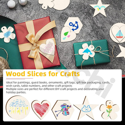 Hilitchi 200Pcs Multi Shape Unfinished Wooden Crafts DIY Wooden Cutouts Star Flower Circle Hexagon Heart Shapes Unfinished Wood Slices Ornament for DIY Crafts Home Decorations