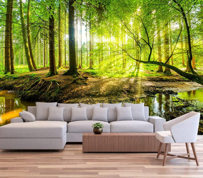 Wall Mural Fall Forest Stream Wallpaper Wall Decoration Print Picture Image Design for Bedroom, Living Room, Kids Room (Not Self-Adhesive)