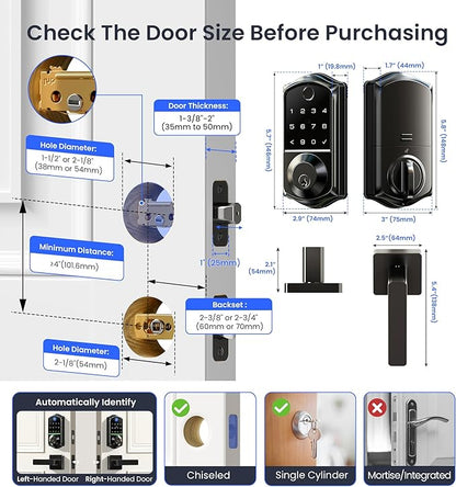 Veise VE017-B Fingerprint Smart Lock for Front Door, App Control, 8-in-1 Keyless Entry Deadbolt with 2 Zinc Alloy Lever Handles Set, Emergency Power Port, Auto Lock, Electronic Keypad, Black