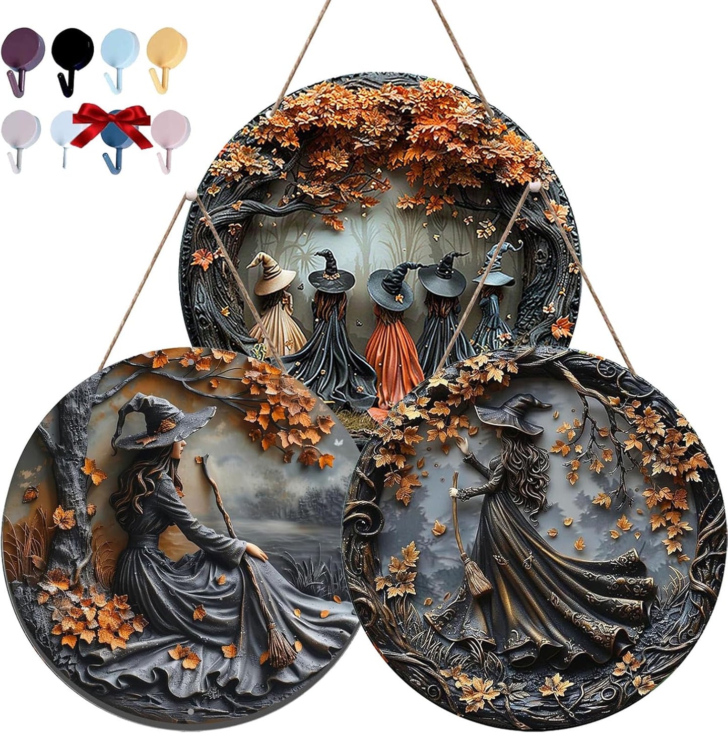 Fanyil/Olygee/Sherum/Shirem/Pubyfun/Glosrity/Libilin/Graddi/Solymody/Gowebs/Goredny/Vianys Witching Hour, Door Way Hanging Decor Halloween, 2D Wooden Round Witches Sign (A+B+C, ‎7.87")