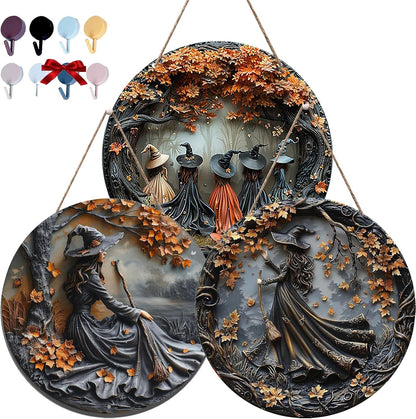 Fanyil/Olygee/Sherum/Shirem/Pubyfun/Glosrity/Libilin/Graddi/Solymody/Gowebs/Goredny/Vianys Witching Hour, Door Way Hanging Decor Halloween, 2D Wooden Round Witches Sign (A+B+C, ‎7.87")