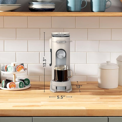 Ninja Pod & Grounds | Coffee Maker | XL Single-Serve | K-Cup Pod Compatible | Brews Grounds | Compact Design | Built-In Milk Frother | 68-oz. Reservoir, 6-oz. Cup to 24-oz. Mug Sizes | Stone |PB055AST