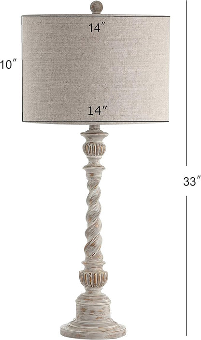 JONATHAN Y 33" White Wash Rustic Resin Table Lamp, Traditional Farmhouse Wood-Look Nightstand Lamp with Gray Linen Drum Shade for Living Room, LED Bulb Included JYL3031A