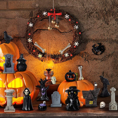 40Pcs Halloween Miniatures for Crafts Mini Figurines Skull Heads Resin Tombstones Skeleton Ornaments Halloween Fairy Garden Decor Horror Village Collections Dollhouse Accessories Decor ﻿