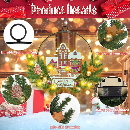 Light up Christmas Wreaths for Front Door, Welcome Metal Wooden Door Wreath Decor Hanging Sign, 30 LED Lighted Wall Decor Battery Operated for Halloween Indoor Outdoor (Gingerbread Man)