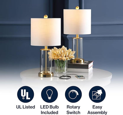 JONATHAN Y 21" Brass Gold Modern Glass Table Lamp Set of 2, Bedside Nightstand Lamps with USB Charging Port, White Linen Shade, LED Bulbs Included (JYL8500B-SET2)