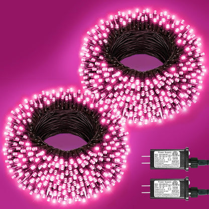 2 Pack Christmas Lights Outdoor, Total 200FT 600LED String Lights for Outside with 8 Modes Waterproof, Green Wire Twinkle Tree Lights for Indoor Room Patio Garden Party Decorations, Pink