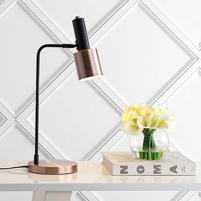 JONATHAN Y 22" Black/Copper Metal LED Task Table Lamp, Mid-Century Modern Desk Lamp for Home Office, Curved Iron Pedestal, UL Listed, LED Bulb Included JYL6101A