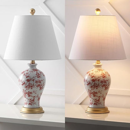 JONATHAN Y 24" White/Red French Country Ceramic Floral Urn Table Lamp, White Linen Shade, Chinoiserie Ginger Jar Bedside Lamp for Living Room Bedroom, LED Bulb (JYL3009C)