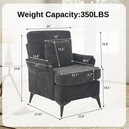 KCC Mid-Century Accent Chairs,Chenille Modern Upholstered Single Sofa,Cozy Armchair with Back for Bedroom/Office/Cafe,Black