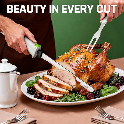WORKPRO Electric Knife for Meat Slicing, Cordless Electric Carving Knife for Turkey, Fish & Bread, Two Stainless Steel Blades, Ergonomic Handle, Storage Case & Serving Fork Included, White