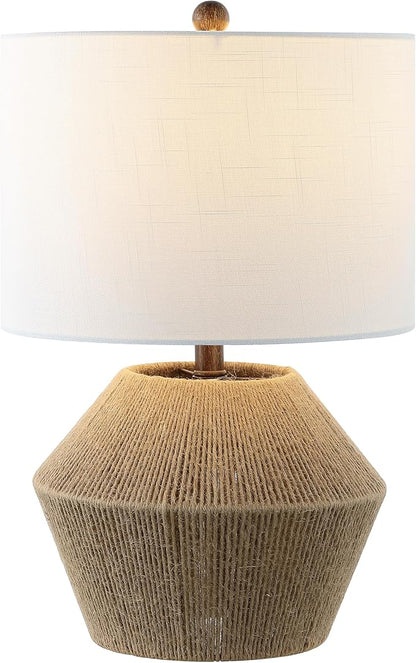 JONATHAN Y 21.75" Brown Rope Coastal Rustic Table Lamp, Farmhouse Iron Lamp with White Linen Drum Shade for Living Room Bedroom Nightstand, LED Bulb Included JYL4049A